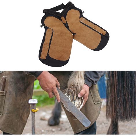 Delantal profesional de cuero para herrador con 4 bolsillos e imanes, para herrar y proteger los cascos. (1/5)
