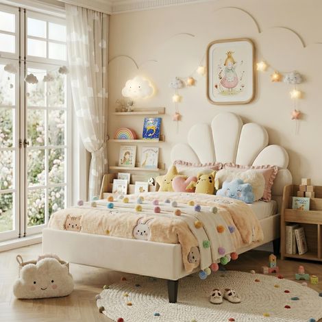Lit enfant 90x200 cm, lit capitonné en velours - lit princesse,Tête de lit forme pétales, sommier à lattes inclus, Beige