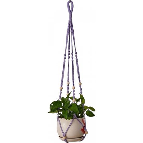 Panier suspendu pour plante d'intérieur en corde de coton violette, 85 cm, avec perles en bois, décoration intérieure, crochets non inclus. (1/5)