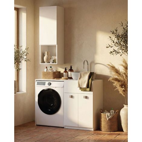 Mobile coprilavatrice Sindy Sx - Contenitore salvaspazio per bagno e lavanderia - Lavatrice non inclusa - Lavandino e Pensile compresi - Bianco - 122x93x60 cm (1/3)