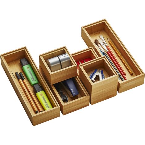 ORGA-BOX BAMBUS Aufbewahrungsbox 6 teiliges Set (geölt, 3 Größen 85/171/257 x 85 x 50 mm) Schubladen-Organizer stapelbar für Küche Bad und Büro (1/5)