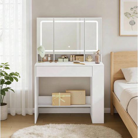 Scrivania con specchio LED dimmerabile, bianca, 90 cm OKMYHOME (1/5)