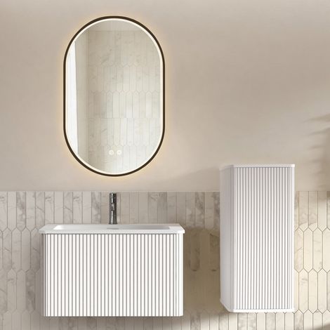 Conjunto de muebles de baño con lavabo, mueble de tocador y espejo LED, mueble de tocador de pared de 80 cm de ancho con lavabo, espejo de baño ovalado con marco negro, blanco (1/5)