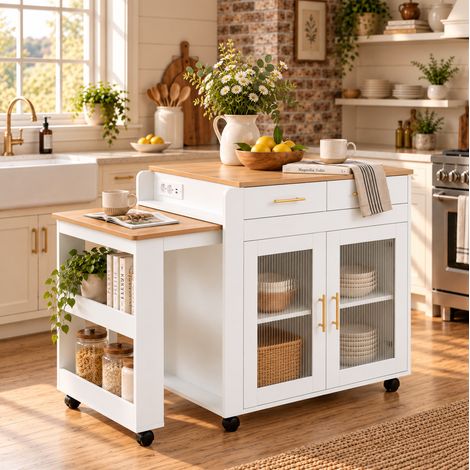 Isola da cucina estensibile 177x60 cm bianca in truciolato con contenitori - CHICFURN (1/5)