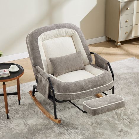 Fauteuil à bascule surdimensionné pour terrasse avec repose-pieds, poche latérale, coussin rembourré, dossier réglable, style ferme en bois, intérieur/extérieur, salon, chambre, balcon, fausse fourrur (1/5)