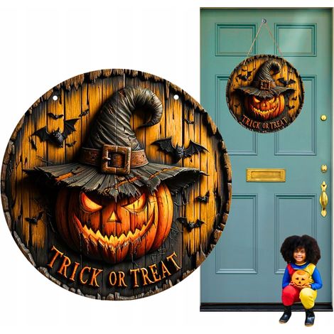 Decorazione di Halloween per la porta: zucca scura in legno, 20x20 cm.