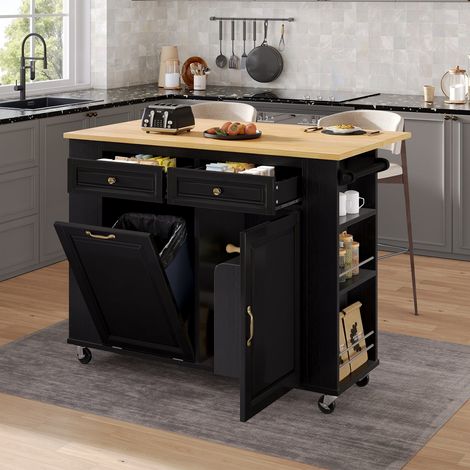 Îlot de cuisine noir avec roulettes, table extensible, porte-poubelle, porte-serviettes et prises (1/5)