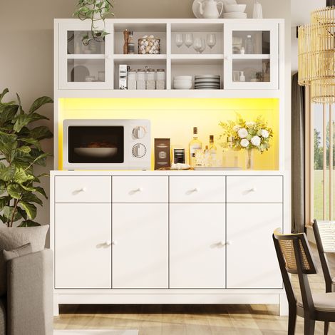 Credenza alta 140 x 38,5 x 180 cm con illuminazione a LED RGB, ante in vetro, 4 cassetti e ripiani regolabili, MDF - bianca (1/5)