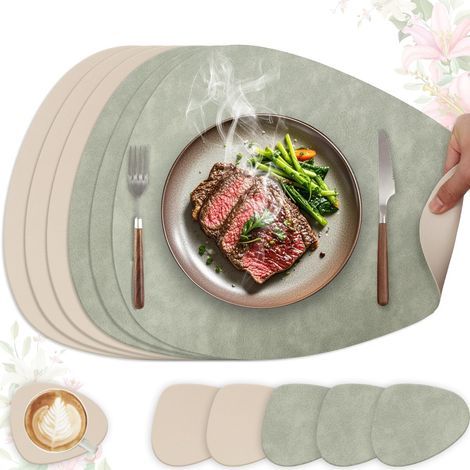 Set de Table Lavable et Antidérapant, Lot de 6 Sets de Table en Cuir PU Double Face, Décoration de Cuisine et Cadeau Ovale 41x33cm(Vert Clair + Beige) (1/5)