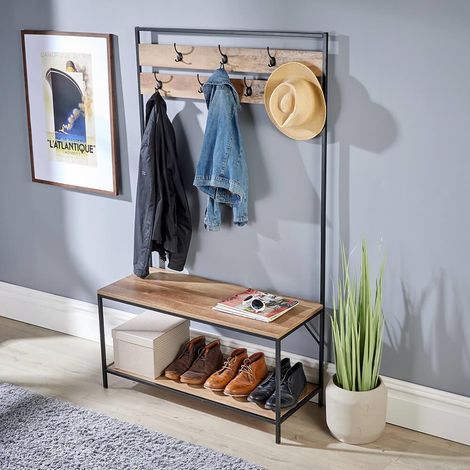Hallway Coat Rack Storage Bench Open Shoe Storage Shelf Modern Oak Finish (1/5)