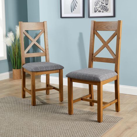 High Cross Backed Dining Chair Grey Checked Seat Solid Oak Legs Home Furniture (1/5)