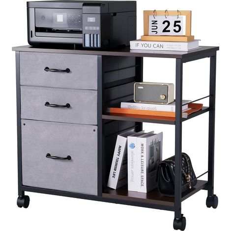 Armoire de Bureau avec 3 Tiroirs en Tissu et 2 Étagères Ouvertes, Meuble Classeur Métallique Mobile, Caisson de Bureau pour Rangement Classement des Documents et Dossiers, Maison, Marron (1/5)