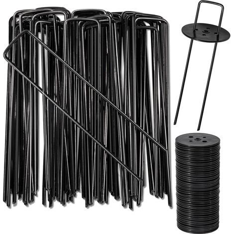 Piquets de Fixation, Piquets de Jardin en Acier au Carbone, 40 Noirs + 40 Rondelles Noirs, Sardines de Fixation pour Gazon Artificiel, Clôture, Bâche, Herbes, H150mm, L25mm, Ø2,8 mm (1/5)