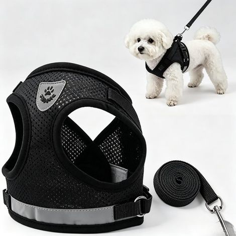 Harnais pour chien avec laisse - Noir, taille S - Harnais anti-traction réglable, en maille réfléchissante respirante (1/5)
