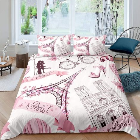 Tour Eiffel Fille Mode Romantique Paris Thème Housse de Couette Couple Chambre Décoration Moderne Français Paysage Urbain Microfibre Rétro Rose Ensemble Housse de Couette 230 x 220 cm (1/4)