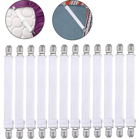 Lot de 12 Fixations réglables pour draps de lit avec Clips en métal Blanc, (1/5)