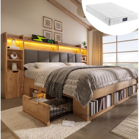Bettgestell 160x200 cm eichefarben aus Holz mit LED-Kopfteil, USB-C, beweglichen Nachttischen und Stauraum (1/5)