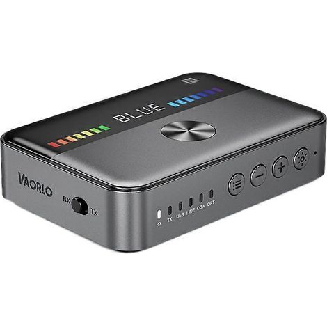 Émetteur-récepteur audio NFC Bluetooth 5.3 avec éclairage RGB, ports USB 3,5 mm, AUX, RCA coaxial et optique, convertisseur numérique-analogique (DAC), adaptateur gris. (1/5)