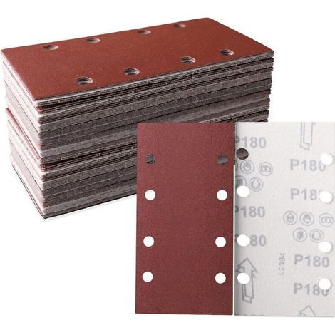 Packung mit 30 Schleifblättern 93 x 185 mm – Quadratisches, selbstklebendes Schleifpapier mit 8 Löchern – 180 verschiedene Körnungen – zum Polieren und Entrosten (1/4)