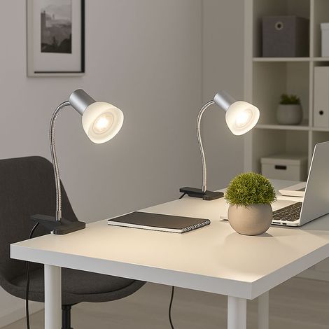 Lampe à pince blanche Lampe à pince LED avec fiche, lampe de table lampe de lecture, spot mobile, métal couleur titane verre blanc, 1x LED 3W 250Lm 3000K, HxLxB 34x9x6,1 cm, 2er Set