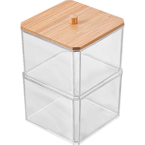 1 Boîte De Rangement Acrylique Couvercle En Bois 2 Niveaux Transparent Pour Salle De Bain Bureau (1/5)