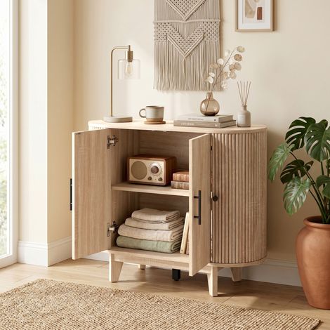 Buffet salon, meuble de rangement ovale avec 4 portes et étagères réglables, 90 x 40 x 76 cm, chêne (1/5)
