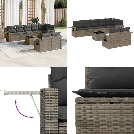Set Divano da Giardino 9 pz con Cuscini Grigio in Polyrattan - Poltrone da giardino - Tavolo da giardino