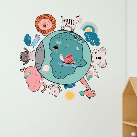 Stickers muraux Sticker Mural Autocollant - ANIMAUX HEUREUX DE LA TERRE - adhésifs fond transparent - 50x50cm (1/5)