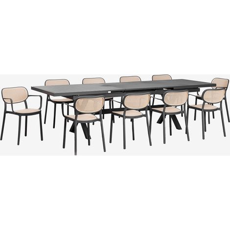 SKLUM Rechteckiger ausziehbarer Esstisch 240-300x100 cm Karena und 10 stapelbare Gartenstühle mit Armlehnen Omara Grau Graphit (1/5)