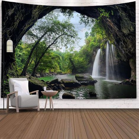 Tapisserie Murale Paysage Nature, Tenture Murale Cascade Tenture Murale Foret Tapisserie 3D Arbre Trou Lac Montagne Jungle Vert 230X180cm (1/5)