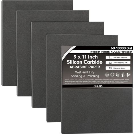 Lot de 12 feuilles de papier abrasif à grain 600 - 22,9 x 27,9 cm - Dos flexible importé - Abrasif en carbure de silicium noir - Pour le travail du bois, l'automobile (1/5)