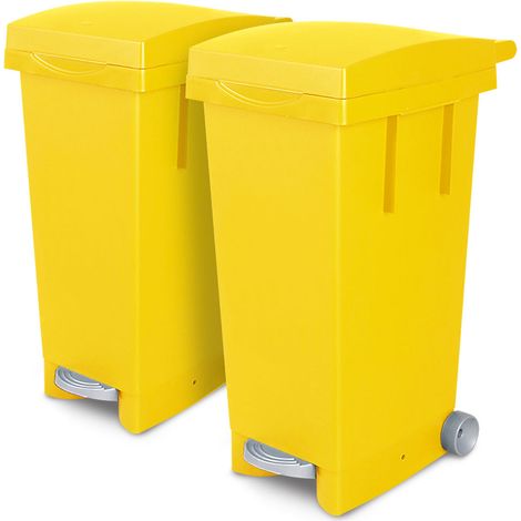 BRB Set, 2x 80 Liter Abfallbehälter mit Rollen, Fußpedal, selbstschließender Deckel, Klemmring für Müllsäcke (gelb)