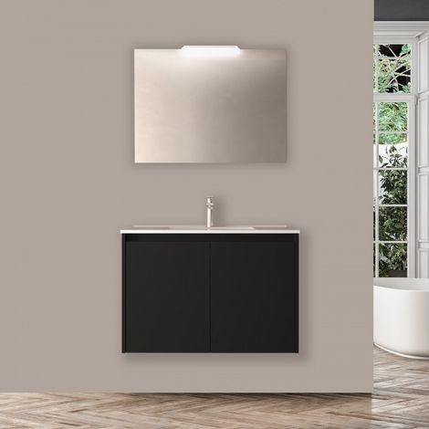 Mobile bagno sospeso 80 cm 2 ante in legno nero satinato con lavabo ad incasso - Nova - Standard (1/5)