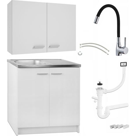 Küchenensemble - Möbel 80 cm - Weiß matt - Minimalistisches Design - Mit Edelstahlspüle