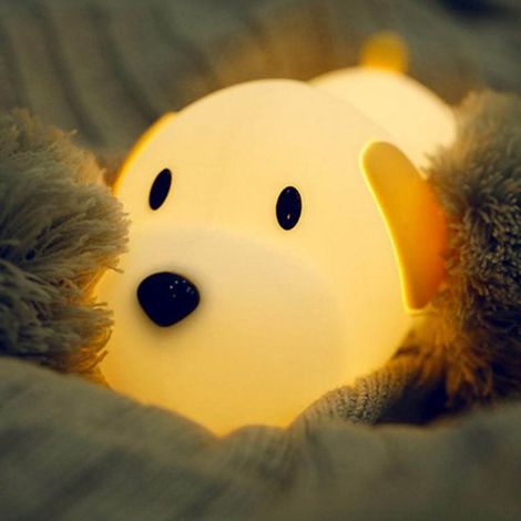 Lámpara de noche con bombilla LED en forma de perro，regulable en dos colores，recargable，fabricada en silicona，un juguete para niños y bebés