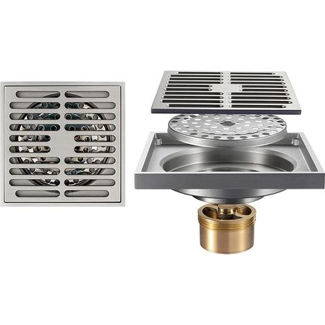 Siphon de sol carré en laiton avec récupérateur de cheveux et grille amovible, convenant à la cuisine, à la buanderie et au garage.-AquaForge (1/4)