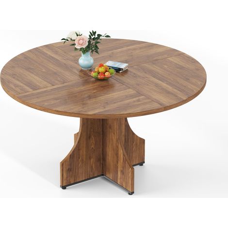 BALOVEBY - Table Ronde 120 cm Bois Rustique, Campagnard Moderne, Plateau MDF Résistant, Pied Central Stable, Accueille 4 à 6 Personnes, Noix (1/5)