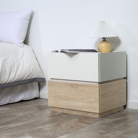 Table de chevet empilable table de nuit table d'appoint avec 2 tiroirs pour chambre à coucher. salon - blanc et naturel (1/5)