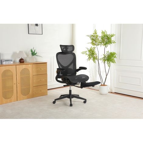 Chaise de Bureau Ergonomique Pliable - 62x48.5x129cm - Fauteuil Gain de Place Assise Coulissante en Maille avec Repose-Pieds - Noir (1/5)