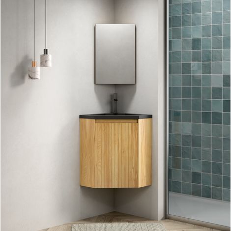 Meuble lavabo d'angle suspendu avec vasque intégrée en résine noir mat OKWISH (1/5)