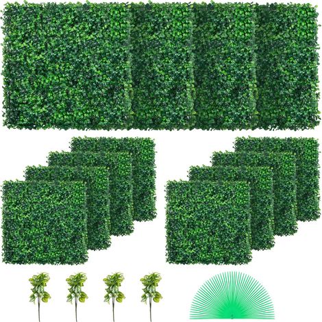 Panneau de buis artificiel UV 12 pièces, mur de haie 20x20" (50x50 cm), herbe verte pour décoration, clôture d'intimité, jardin intérieur/extérieur. (1/5)