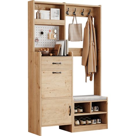 Mueble de entrada con 2 Puertas, 1 Cajón, 1 Hueco Abierto, 4 Ganchos y Banco, en Tablero de Partículas, 108.5 × 35 × 180 cm (1/5)