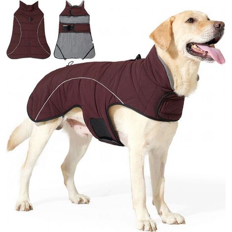 Manteau pour chien rouge foncé, taille S, tour de poitrine 46-54 cm, une pièce, compatible avec la laisse, épais, imperméable et résistant à la neige. (1/5)