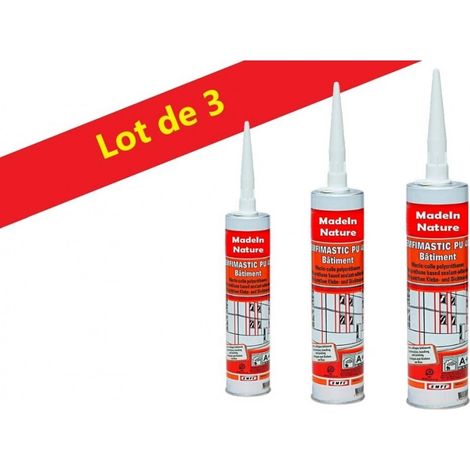 Lot de Mastic colle polyuréthane Blanc grande élasticité, collage matériaux bâtiment, Intérieur & Extérieur Made in France - Lot de 3.