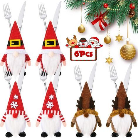 Lot de 6 Porte-Couverts de Noël, Sac de Vaisselle de Noël, Sac à Couverts en Feutre Père Noel, Décor de Table de NoëL, Fourchette et Cuillère SAC à Décoration pour la Maison Fête Noel (1/5)
