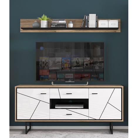 Set TV Lowboard und Wandboard BRISTOL-129 in Catania Eiche Nb. mit schwarz und weiß Hochglanz, B/H/T: ca. 167/200/40 cm (1/5)