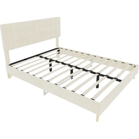 Cama doble de tela beige 160 x 200 cm con cabecero capitoné a cuadros (1/5)