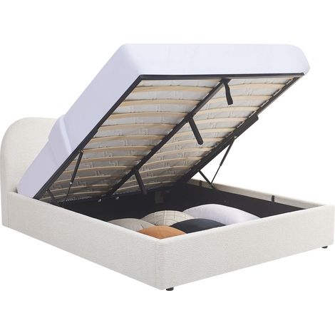 Lit coffre adulte 140x190 cm avec tête le lit matelassée en tissu bouclé beige - Suzon (1/5)