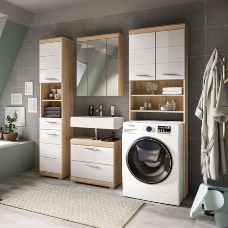 Meuble de machine à laver + 3 meubles chêne et blanc - LAMBY