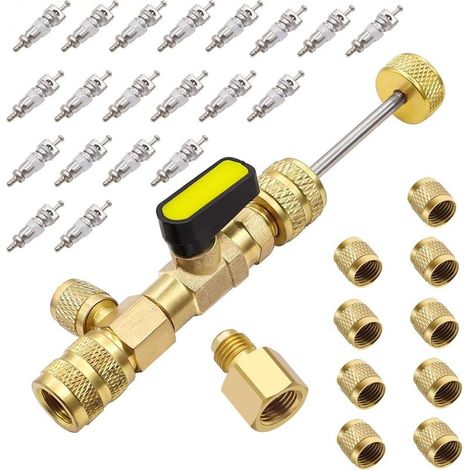 Outil d'installation de dissolvant de noyau de valve avec adaptateur en laiton double taille SAE 1/4 et 5/16 ports, 20 noyaux de valve, 10 écrous en laiton pour système CVC R12 R22 R410 R32 (1/4)